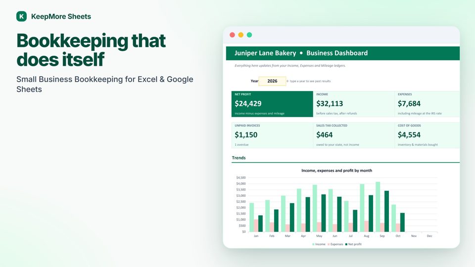 Small Business Bookkeeping Spreadsheet dashboard