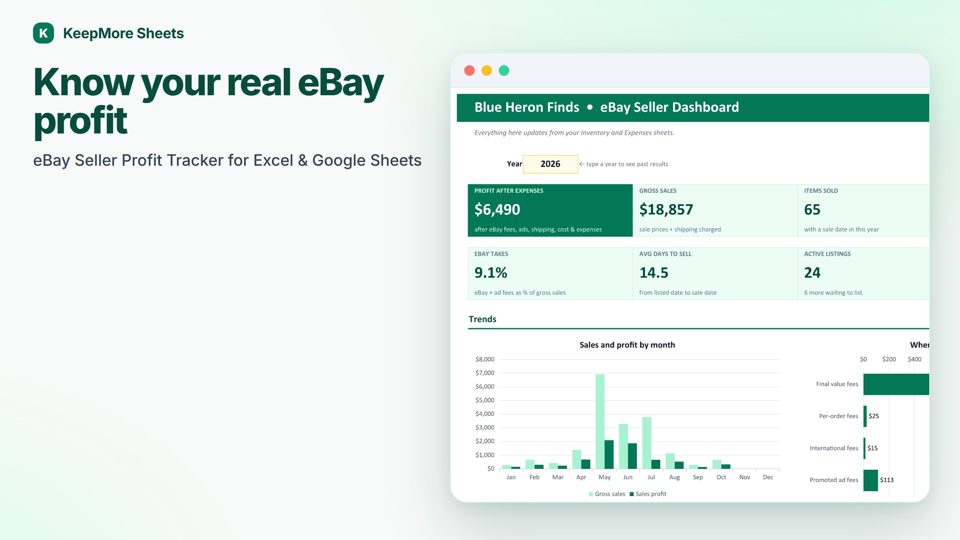 eBay Seller Profit Tracker & Fee Calculator dashboard